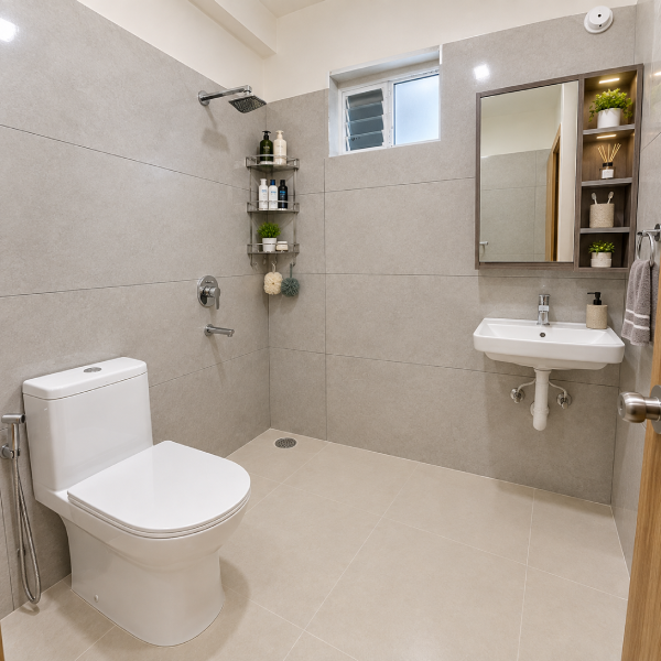 Bathroom, modern bathroom, minimalist bathroom, compact bathroom, contemporary bathroom, bathroom interior, clean bathroom, tiled bathroom, beige tiles, gray tiles, wall tiles, floor tiles, ceramic tiles, shower area, showerhead, wall-mounted shower, shower faucet, chrome fixtures, bathroom sink, wash basin, pedestal sink, white sink, toilet, western toilet, modern toilet, toilet seat, bathroom drain, floor drain, small window, ventilation window, bathroom fittings, plumbing fixtures, neutral colors, beige interior, light gray walls, white fixtures, simple design, functional bathroom, apartment bathroom, residential bathroom, compact space, clean interior, modern home, contemporary design, minimalist decor, tiled floor, tiled walls, indoor plumbing, hygienic space, bathroom photography.